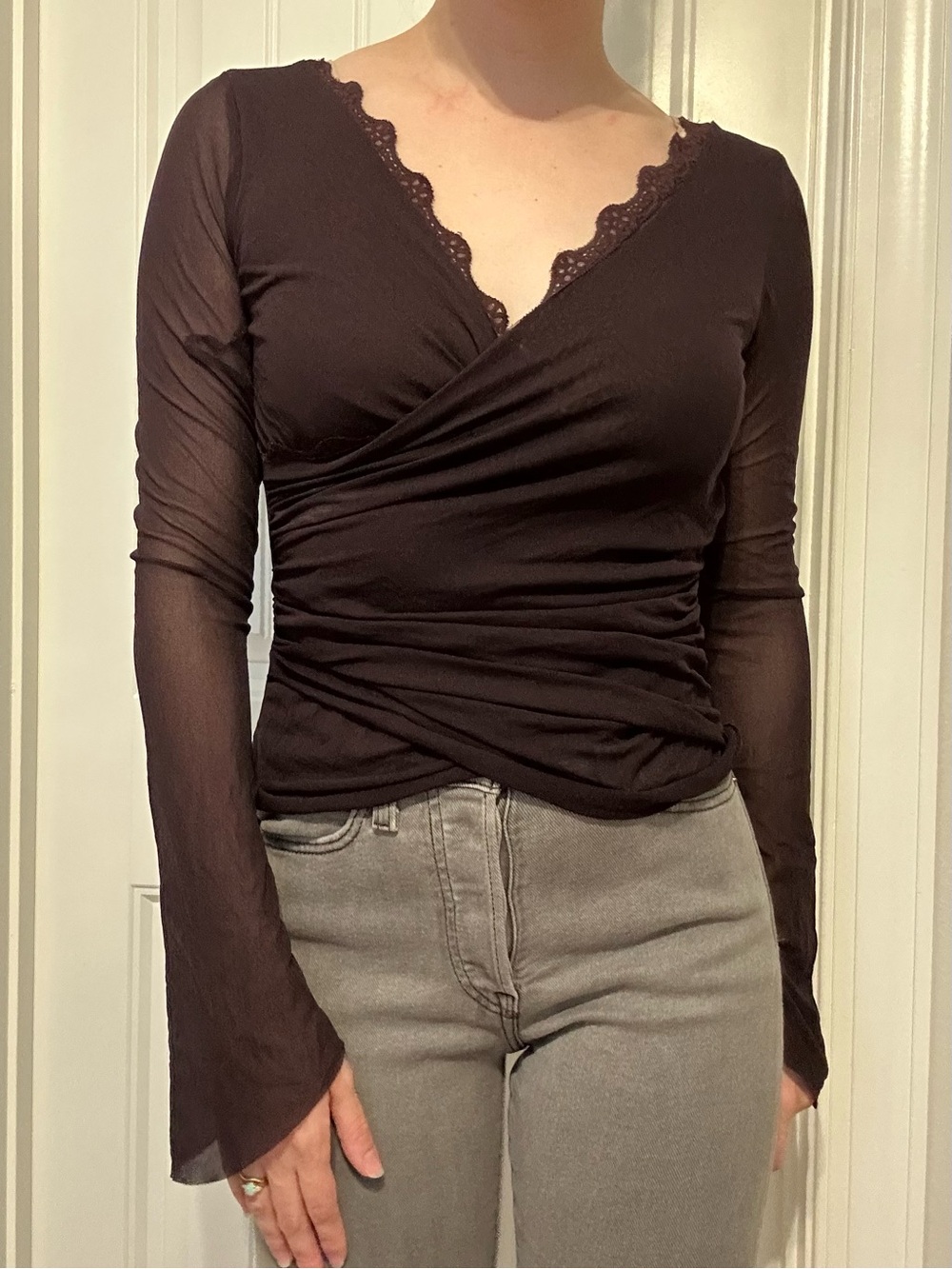 Vintage Long Sleeve Top Mesh Sheer 90s Whimsigoth Lace Trim Gothic Size Medium